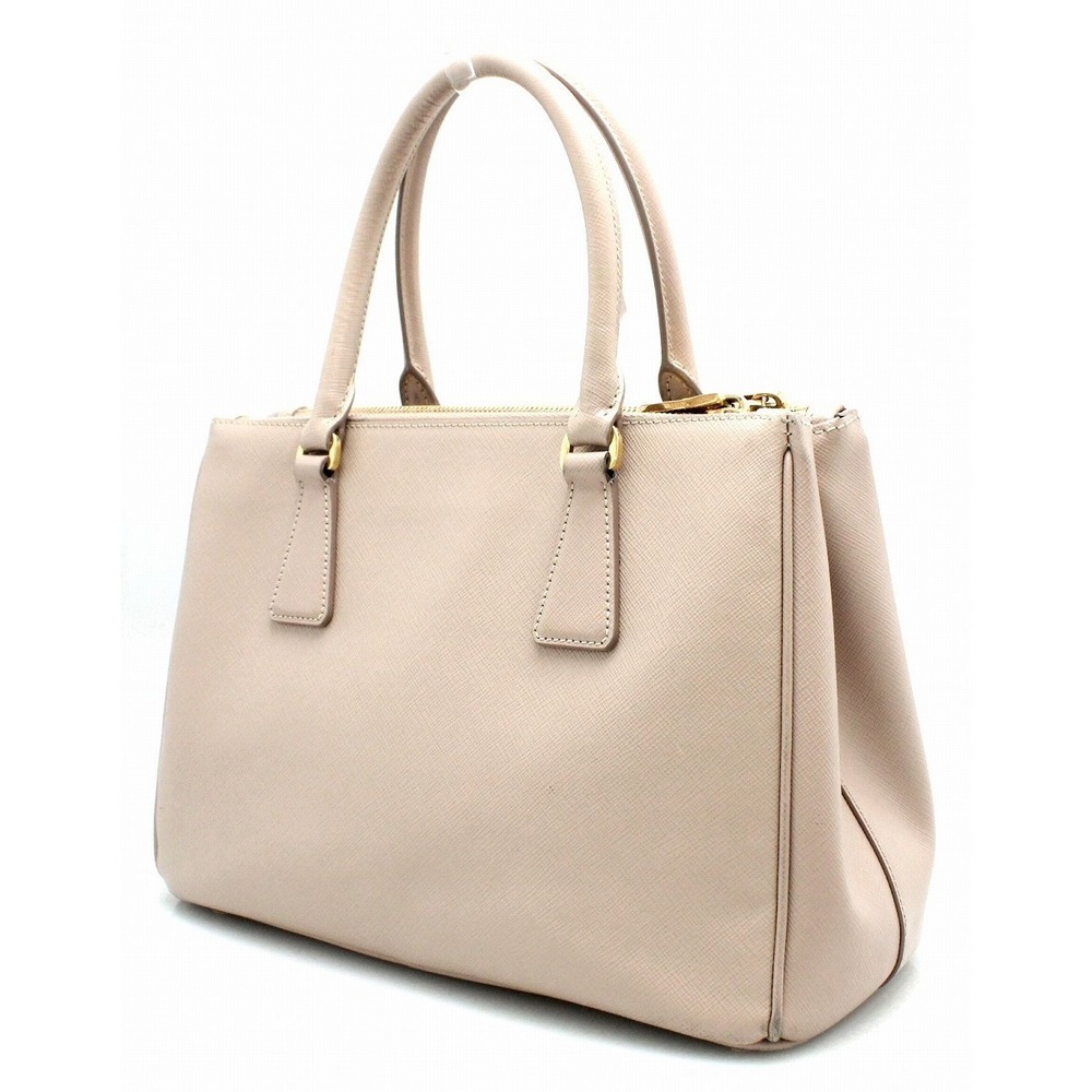 Prada Logo Handbag Embossed Leather Bag Beige Pink Saffiano Tote
